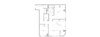 A floor plan of a house with a living room, two bedrooms, a kitchen, and a bathroom.