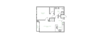 A floor plan of a small apartment with a bedroom, living room, kitchen, and bathroom.