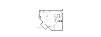 A floor plan of a small apartment with a living room, dining room, kitchen, bathroom, bedroom, and private balcony.