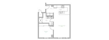 A floor plan of a small apartment with a living room, bedroom, kitchen, and bathroom.