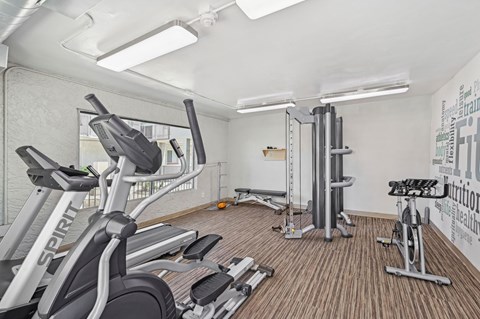 A gym with a treadmill, weights, and exercise equipment.