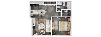 the 1 bedroom floorplan of a 1 bedroom apartment with a bathroom and a balcony