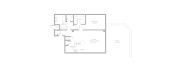 A floor plan of a house with a living room, dining room, kitchen, bathroom, bedroom, and closet.