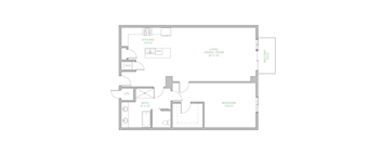 A floor plan of a house with a kitchen, living room, dining room, bedroom, bathroom, and utility space.