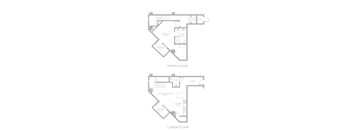 A drawing of a two-floor residential building with labeled rooms.