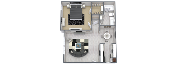 A top-down view of a modern apartment layout with a living room, kitchen, and bathroom.
