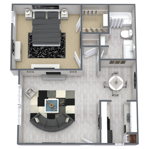 A top-down view of a modern apartment layout with a living room, kitchen, and bathroom.