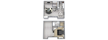A floor plan of a two-story apartment with a living room, kitchen, and bedrooms.