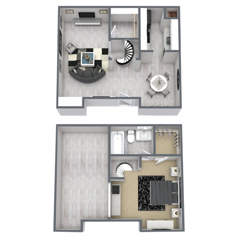 A floor plan of a two-story apartment with a living room, kitchen, and bedrooms.
