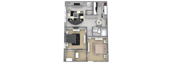 A top-down view of a house layout with a living room, kitchen, and bathroom.