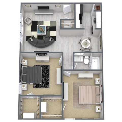 A top-down view of a house layout with a living room, kitchen, and bathroom.