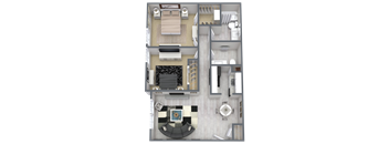 A top-down view of a modern apartment layout with a living room, kitchen, dining area, and bathroom.