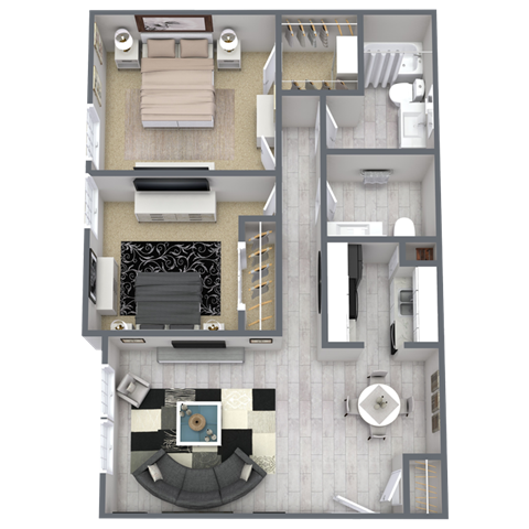 A top-down view of a modern apartment layout with a living room, kitchen, dining area, and bathroom.