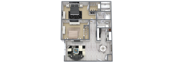A top-down view of a modern apartment layout with a living room, kitchen, and bathroom.