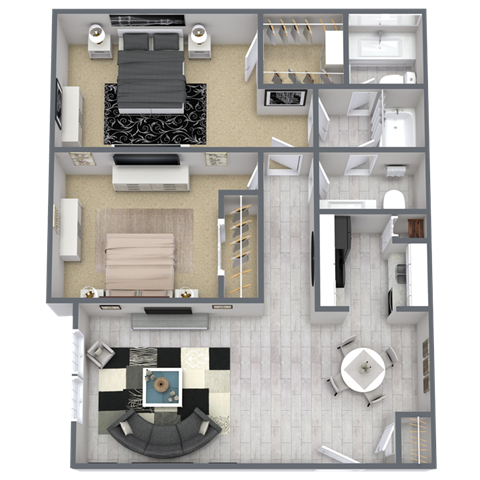 A top-down view of a modern apartment layout with a living room, kitchen, and bathroom.