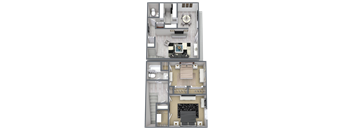 A 3D floor plan of a house with two bedrooms, a living room, a kitchen, and a bathroom.