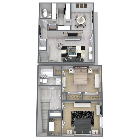 A 3D floor plan of a house with two bedrooms, a living room, a kitchen, and a bathroom.