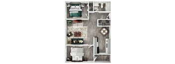 an aerial view of a bedroom with a bed and a desk
