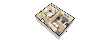 A 3D image of a small apartment with a kitchen, living room, and bathroom.