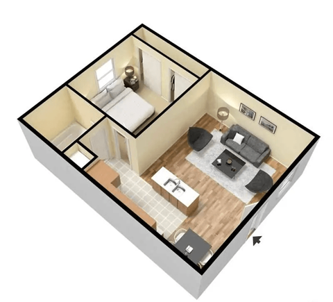 A 3D image of a small apartment with a kitchen, living room, and bathroom.