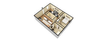 A 3D image of a house layout with a kitchen, living room, dining room, and bathroom.