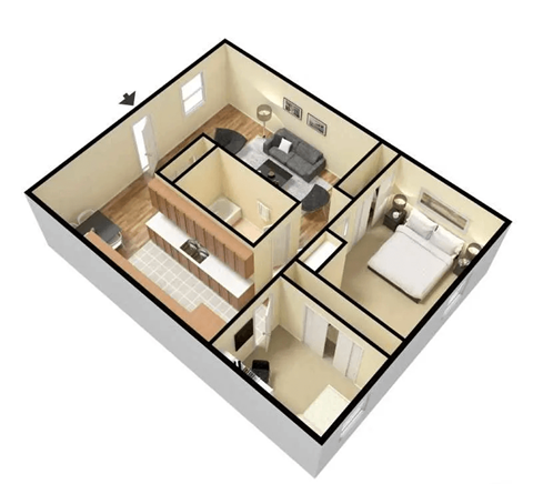 A 3D image of a house layout with a kitchen, living room, dining room, and bathroom.