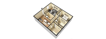 A 3D floor plan of a house with a kitchen, living room, and two bedrooms.