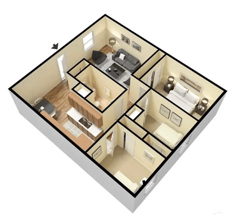 A 3D floor plan of a house with a kitchen, living room, and two bedrooms.