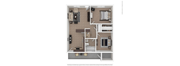 A floor plan of a small apartment with a kitchen, living room, and bathroom.
