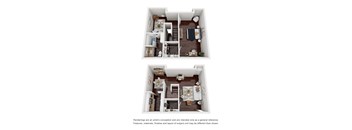 Two images of a small apartment with a kitchen, living room, and bedroom.