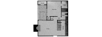 A floor plan of a house with a living room, kitchen, bedroom, and bathroom.