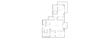 A floor plan of a house with a living room, two bedrooms, a bathroom, a balcony, and a kitchen.