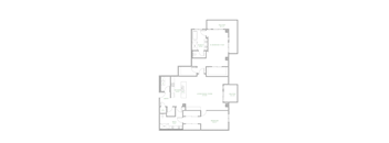 A floor plan of a house with a living room, dining room, kitchen, and two bathrooms.