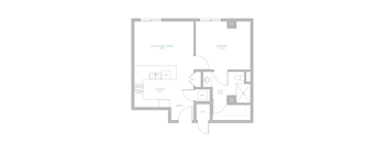 A floor plan of a house with a living room, dining room, kitchen, bedroom, bathroom, and utility space.