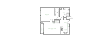 A floor plan of a small apartment with a bedroom, living dining room, kitchen, and bathroom.
