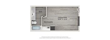 A floor plan of a bathroom and kitchenette.