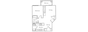 A floor plan of a small apartment with a bedroom, living room, kitchen, and dining area.