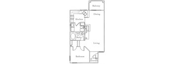 A floor plan of a small apartment with a living room, bedroom, kitchen, bathroom, and balcony.