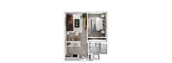 A top-down view of a small apartment with a living room, kitchen, and bathroom.