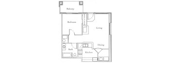 A floor plan of a small apartment with a balcony, bedroom, living room, dining area, and kitchen.