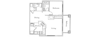 A floor plan of a living space showing a kitchen, dining area, and bedroom.