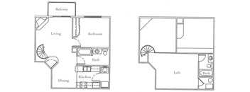 A floor plan of a house with a balcony, living room, dining room, kitchen, and two bathrooms.
