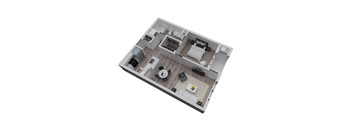 A 3D floor plan of a house with a living room, kitchen, and two bedrooms.