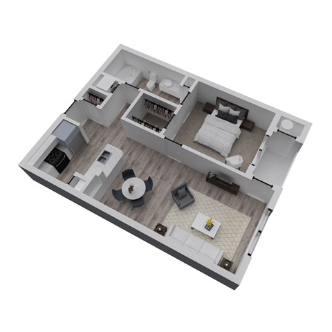 A 3D floor plan of a house with a living room, kitchen, and two bedrooms.