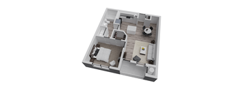 A 3D floor plan of a small apartment with a bedroom, living room, and kitchen.