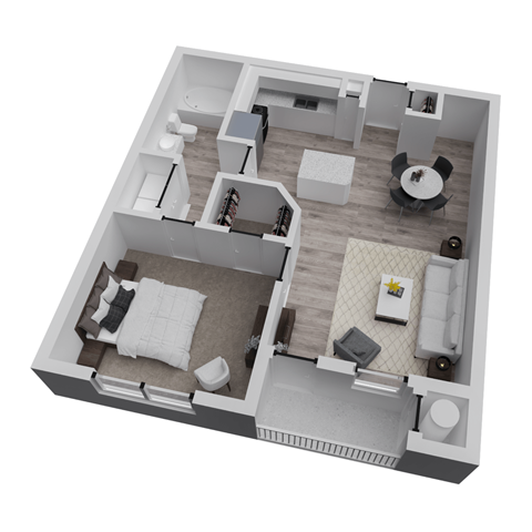 A 3D floor plan of a small apartment with a bedroom, living room, and kitchen.
