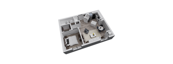 A 3D floor plan of a small apartment with a living room, kitchen, and bedroom.