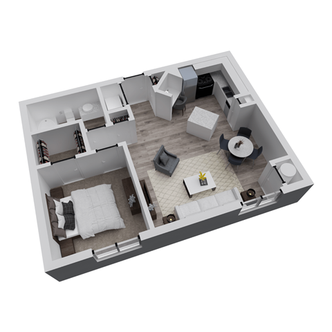 A 3D floor plan of a small apartment with a living room, kitchen, and bedroom.