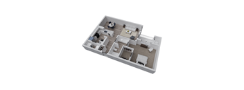 A 3D floor plan of a house with a kitchen, living room, dining room, and two bedrooms.