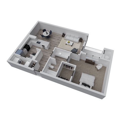 A 3D floor plan of a house with a kitchen, living room, dining room, and two bedrooms.